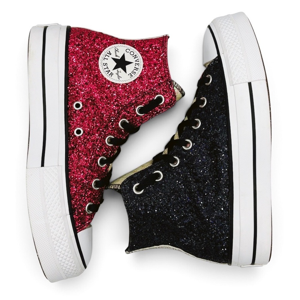 Converse CTAS Lift High Top By You Women's 7.5 Black Pink Glitter Platform Shoes - Picture 3 of 10